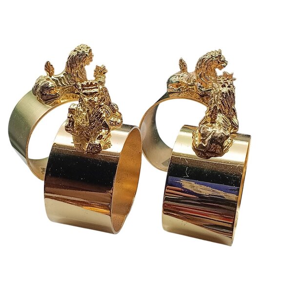 Set Of 4 Vintage Gold-Plated Brass Napkin Rings with Regal Foo Lion Design Dept - Picture 2 of 2